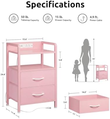 Lazzanto Nightstand with Rear Charging Station, LED Light, 2 Drawers, Pink