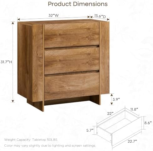 OKD 32” Large Modern 3 Drawer Dresser for Bedroom