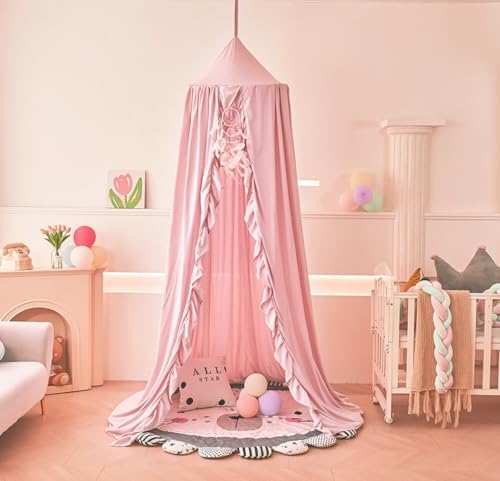 Mengersi Bed Canopy for Girls,Ruffled Canopy Bed Curtains Canopy for Girls Room,Hanging Canopy Princess Play Tent for Reading Nook Play Room Decor (Beige Pink)