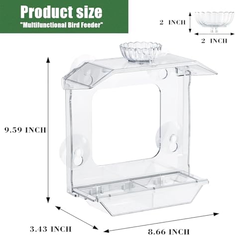 Clear Window Bird Feeder with Strong Suction Cups – Clear Bird Feeding Station with Dual Seed Tray & Water Bowl – Easy to Install and Clean for Outdoor Viewing