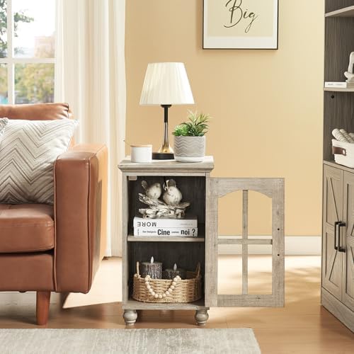 Narrow Side Table Set of 2, Farmhouse Nightstand with Charging Station
