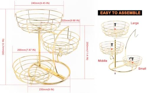 Livabber Fruit Basket Bowl with Banana Hanger, Fruit Vegetable Storage Basket with Banana Tree Holder for Kitchen Counter, Detachable Organizer for Bread Snack Produce (Gold, 3-Tier Metal Base)