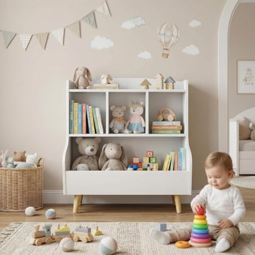 Kids Bookshelf with Toy Storage, 4 Cubby Bookcase for Toddlers, Montessori Wooden Bookshelf Organizer with Open Shelves, Front Facing Book Display Shelf, Kids Toy Storage Shelf for Nursery, Bedroom