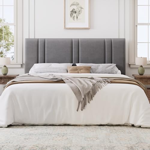 SHA CERLIN King Size Velvet Bed Frame with Adjustable Headboard, Grey