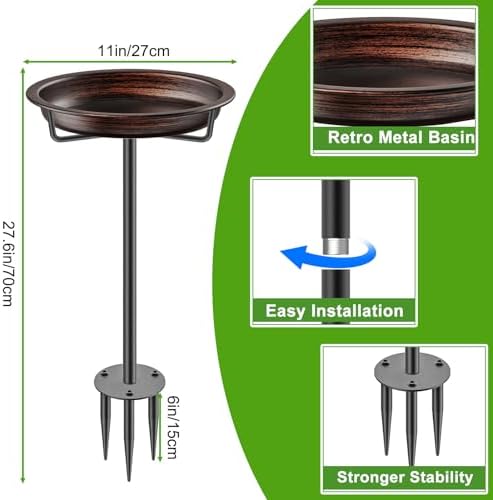 Bird Baths for Outdoors, Detachable Birdbaths for The Garden Clearance, Heavy Duty Freestanding Bird Baths, Bird Bath Bowl Spa & Birdfeeder with Metal Stake Stand (Retro Brown)