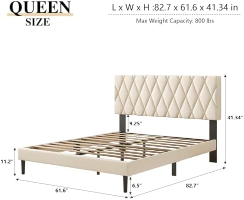 CXVX Queen Size Bed Frame with Diamond Tufted Headboard, Velvet Upholstered Platform Bed and Wooden Slat Support, Noise-Free, No Box Spring Needed, Easy Assembly, Beige