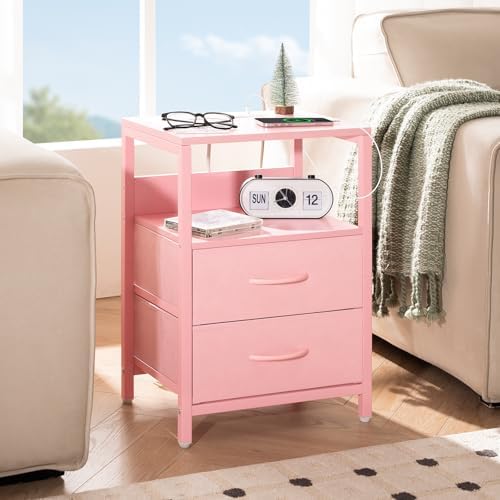 Yoobure Nightstand with Charging Station, Small Night Stand with Fabric Drawers and Storage Shelf for Bedrooms, Nightstands for Small Spaces, Bedside Table with USB Ports & Outlets Bed Side Table