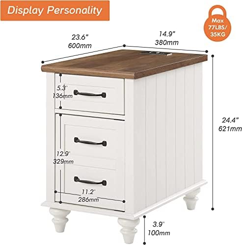 WAMPA Set of 2 End Tables with Charging Station, Off White Wood Nightstand