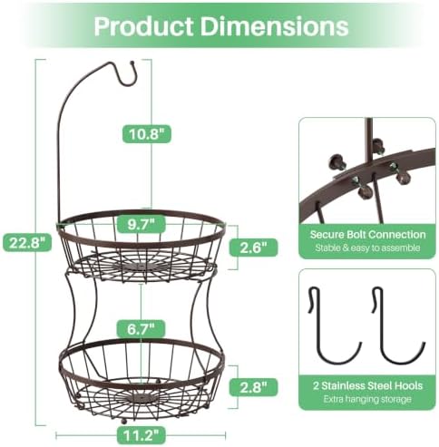 SAYZH 2-Tier Large Fruit Basket Bowl for Kitchen Counter with Banana Hanger