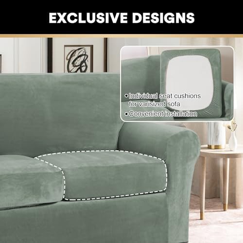PrinceDeco Velvet Couch Cover Loveseat Covers for 2 Cushion Couch 3 Piece Sofa Covers for Dogs Washable Loveseat Covers Width Up to 72 Inch No Slip Stretch Sofa Slipcover(Medium, Seagrass)