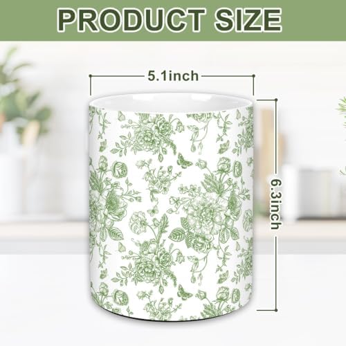 JarThenaAMCS Green Chinoiserie Floral Ceramic Utensil Holder Vintage Flower Butterfly Utensil Crock for Home Kitchen Countertop Storage Organizer Container