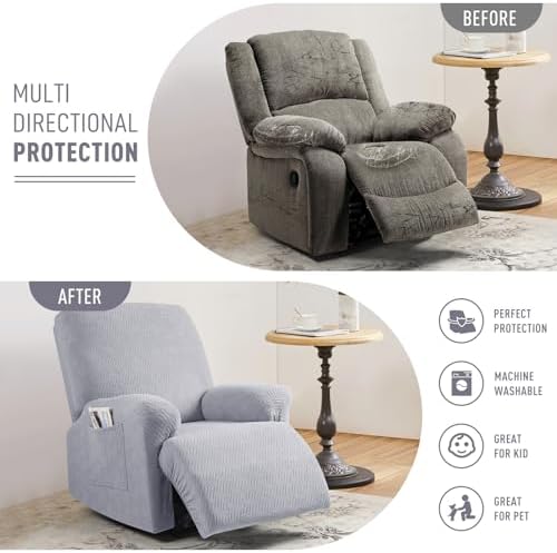 KinCam Recliner Covers, Stretch Reclining Chair Covers, Recliner Sofa Slipcovers Stripe Jacquard Recliner Couch Covers Furniture Protector Covers for Pet Kid (1 Seater, Silver Gray)