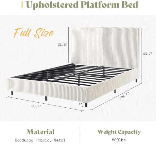 AMERLIFE Upholstered Bed Frame, Metal Bed with Headboard, Full Cream
