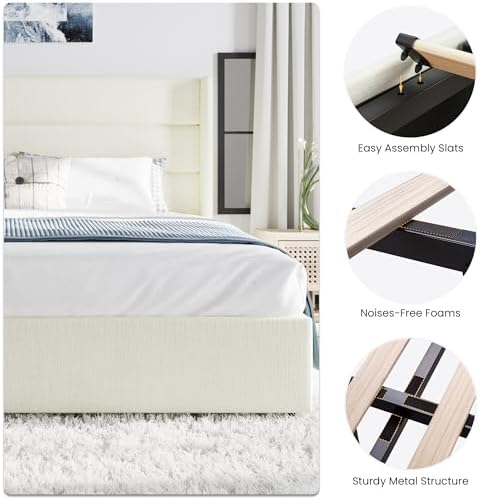 SHA CERLIN King Size Chenille Lift Up Hydraulic Storage Bed Frame Cream