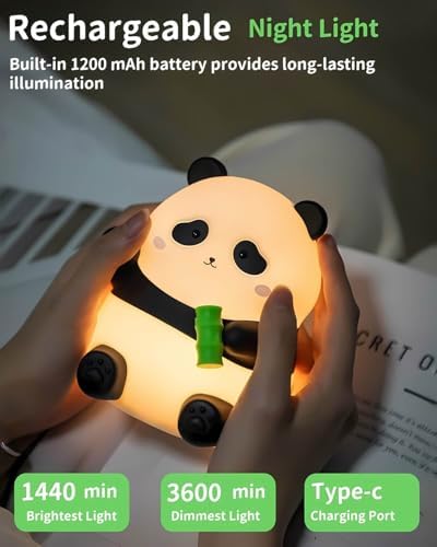 Panda Night Light for Kids, Cute Squishy Silicone Panda Lamp, 50-Hour Rechargeable Bedside Nursery Light with Tap Control, 2 Brightness Levels, 30-Min Auto-Off Timer, Gift for Toddlers