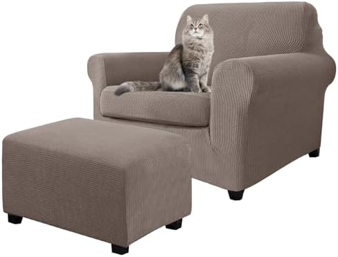 3 Piece Stretch Matching Chair and Ottoman Slipcover Set, Jacquard Arm Chair/Ottoman/Fitted Seat Covers, Non-Slip Accent Armchair and Foot Stool Slip Cover (Taupe,3 Pieces Set)