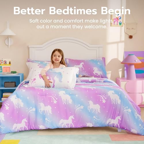 Joiedomi Kids Comforter Set Bedding Set for Boys Girls Super Soft Microfiber Bed in a Bag with Comforter Sheets Pillowcase Sham, Purple Unicorn, Full