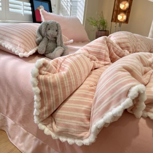 AOJIM Milk Velvet Duvet Cover Set Full 3 Pieces Retro Pink Striped Bedding
