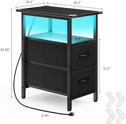 Vagusicc Black Nightstand with Charging Station and LED Lights, Narrow Side Table, LED Night Stand with 2 Fabric Drawers, Bedside Table with USB Ports and Outlets, Tall Nightstand for Bedroom, Black