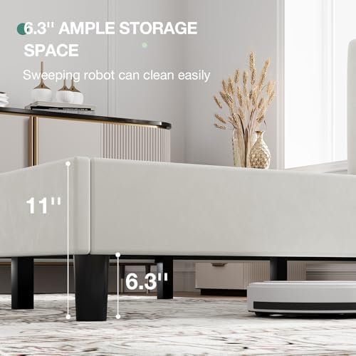 Novilla Full Size Bed Frame with Headboard, Full Bed Frame with Wooden Slats Support, Velvet Upholstered Headboard, No Box Spring Needed, Heavy Duty Feet, Easy Assembly, White Velvet