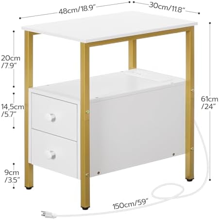 HOOBRO End Table with Charging Station, Narrow Side Table with 2 Drawer & USB Port & Power Outlets, Nightstand for Small Spaces, Stable and Sturdy, for Living Room, Bedroom, Gold and White DW541BZ01