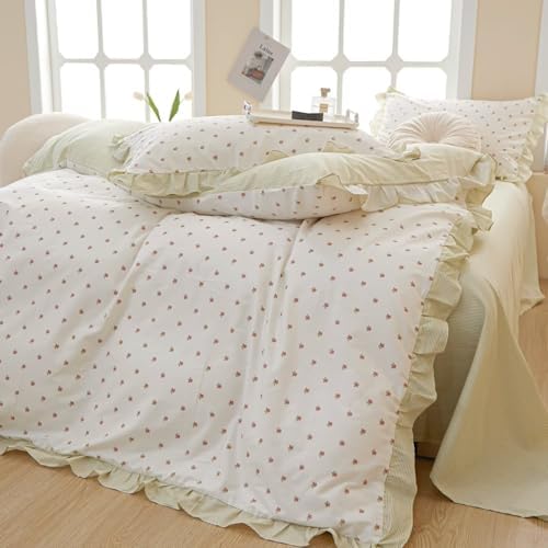 Floral 100% Cotton Duvet Cover Set Full Size Garden Style Bedding Set Ruffle for Teen Girls,Soft Comfy Quilt Covers,3 Pieces(1 Duvet Cover with 2 Pillowcases),Zipper & Corner Ties