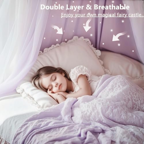 Princess Bed Canopy for Girls, Double Layer Canopy Fits Twin/Full Bed - Fairy Bed Tent for Kids Room Decor(with Cutout Stars,Purple)