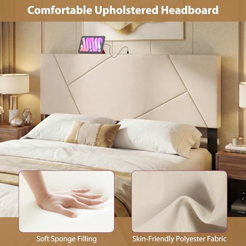 Giantex Headboard with Charging Station, Queen/Full Size Geometric Tufted Upholstered Head Board w/2 AC Outlets, USB & Type-C Port, Rubber Wood Legs, Width Adjustable Modern Bed Headboard Only (Beige)