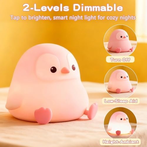 FAMIDUO Penguin Night Light,Pink Penguin Lamp,Soft Silicone Nursery Light