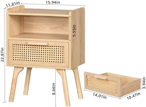 Lerliuo Rattan Nightstands Set of 2, Boho Side Table with Drawer Open Shelf
