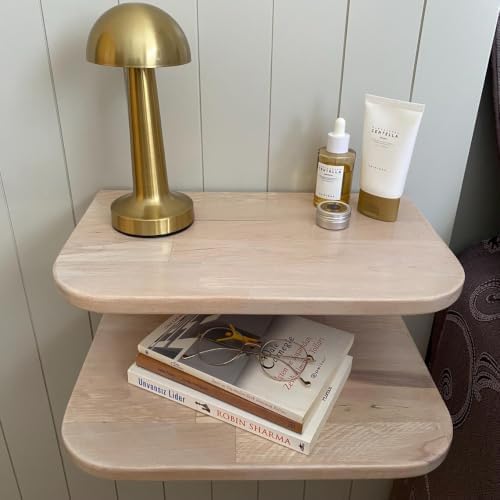 Floating Nightstand Wooden, Solid Alder Wood Bedside Table, Wall Mounted Shelf with LED Option, Slim Side Table with Open Storage, Varnish Finish (Wood White, Without LED, 11.0, Inches)