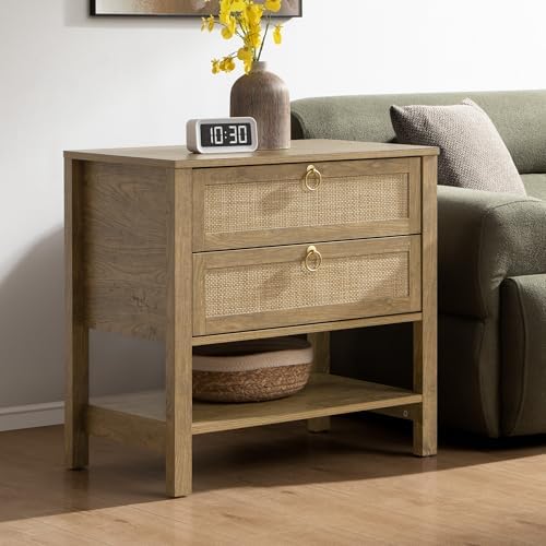 SICOTAS 26.7" Wide Rattan Nightstand with 2 Drawers & Open Shelf End Table