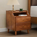 Nightstand with Drawers, Pre-Assembled, 19.7" H Natural Solid Wood Night Stand with Open Sliding Shelf, Mid Century Modern Small Bedside Table Cabinet for Bedroom, Walnut, 16"
