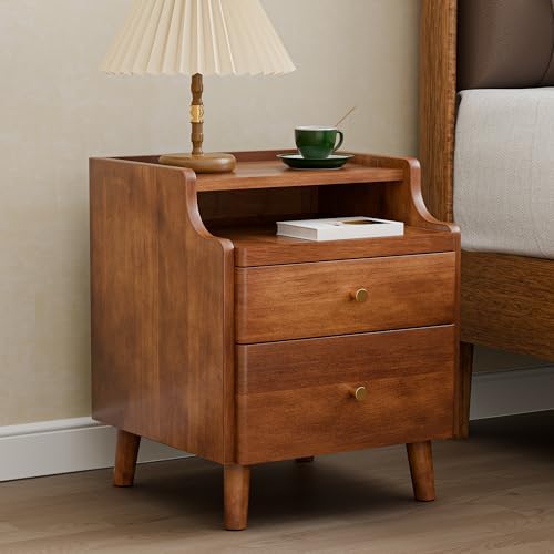 Nightstand with Drawers, Pre-Assembled, 19.7" H Natural Solid Wood Night Stand with Open Sliding Shelf, Mid Century Modern Small Bedside Table Cabinet for Bedroom, Walnut, 16"