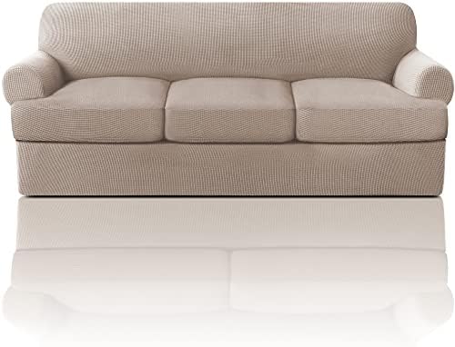 PrinceDeco T Cushion Sofa Slipcover 4 Pieces Sofa Covers for T Cushion Couch Soft Sofa Slip Covers Furniture Protector with 3 Individual T Shape Seat Covers Width Up to 88 Inch, Sand