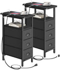 shtmec Narrow End Table Set of 2 with Charging Station, Side Tables Set 2 with Fabric Drawers, Small Bedside Tables Nightstands for Small Space, Slim Sofa Couch Table for Livingroom,Black