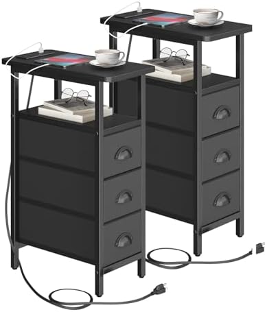 shtmec Narrow End Table Set of 2 with Charging Station, Side Tables Set 2 with Fabric Drawers, Small Bedside Tables Nightstands for Small Space, Slim Sofa Couch Table for Livingroom,Black