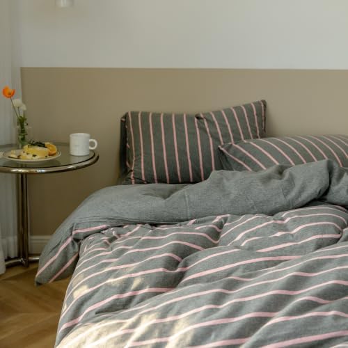 Gray & Pink Striped Duvet Cover Twin XL 3Pcs Jersey Knit Reversible Bedding