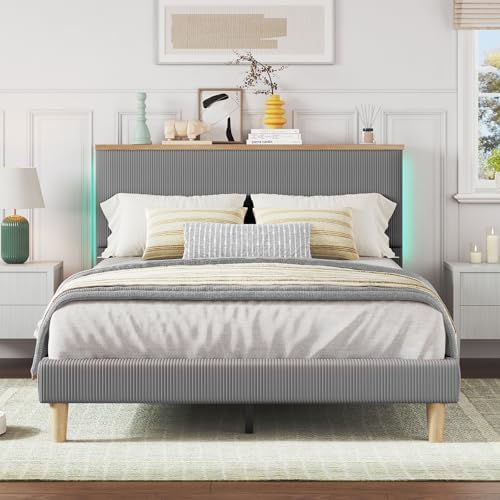 Bestier Queen Size Bed Frame with Adjustable Headboard & LED, Light Grey