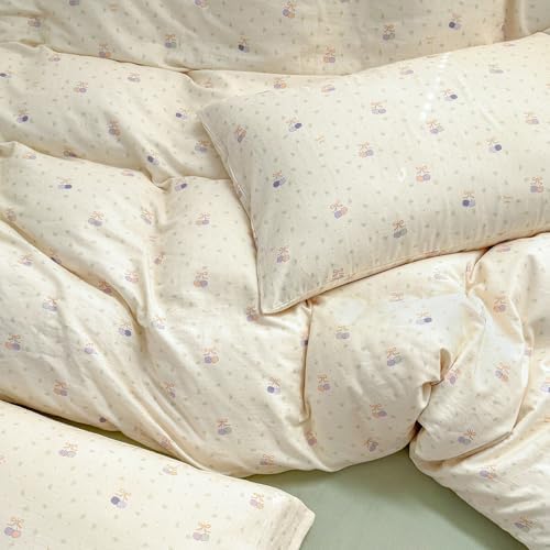 Cherry Twin XL Duvet Cover Boho Muslin Twin XL Comforter Cover Cotton Double Gauze Bow Zipper Duvet Cover Set with 2 Pillowcases Kawaii Pattern Bedding Set for Girls Duvet Protector