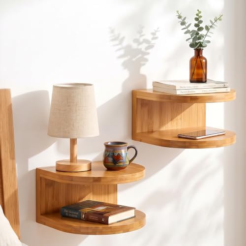 Bamboo Floating Wall Mounted Nightstand Wall Storage Shelf (2, Nature)
