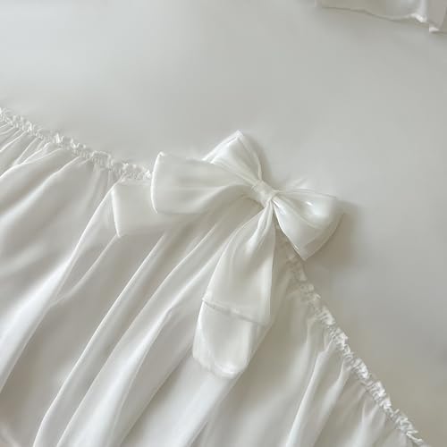 SOUKECHY Ruffled Bedding Bow Duvet Cover Set with Butterfly Tie, Soft Brushed Microfiber Shabby Chic Bedding Set with Zipper Closure-White,Queen