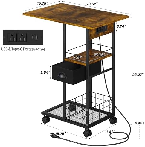 Rolling C-Shaped Side Table with Charging Station, Night Stand with Type-C & USB Port and Outlet for Bedroom, Spacious Coffee Table with Wheels for Living Room, Home Office, Small Space(Large Desktop)
