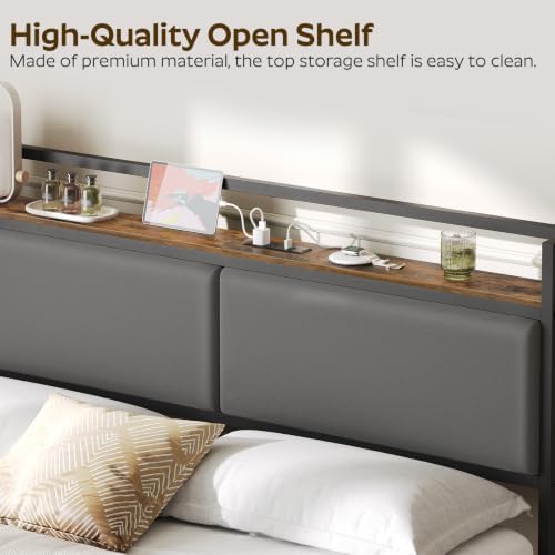 YATINEY Queen Headboard Only with Storage, Upholstered Head Board with Charging Station, Height Adjustable, Sturdy and Stable, Vintage Style, Rustic Brown, Gray and Black