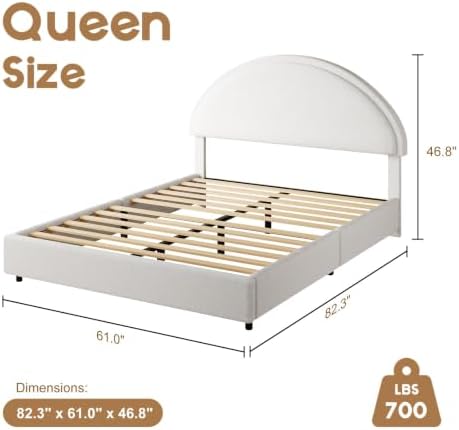 REVOMINCA Queen Bed Frame, Boucle Upholstered Platform Bed Frame with Rounded Corners, Soft Bedframe with Round Headboard, No Box Spring Required, Easy Assembly, White