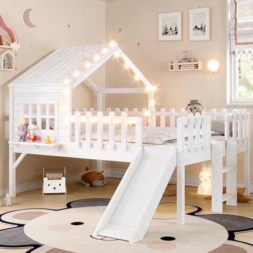 Full Loft Bed with Slide and Ladders, Solid Wood Low Loft Bed with Little Tray, Lights, Playhouse Roof, House Loftbed Frame for Kids, Boys, Girls, Childlike and No Box Spring Needed Design, White