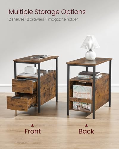 VASAGLE Side End Table with Charging Station, Slim Nightstand with Storage