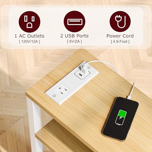 Narrow Side Table with Charging Station Slim End Table Sofa with Magazine Rack, Bedside Table for Small Spaces, 3 Tier Nightstand for Living Room Couch, Bedroom Natural LET503YE