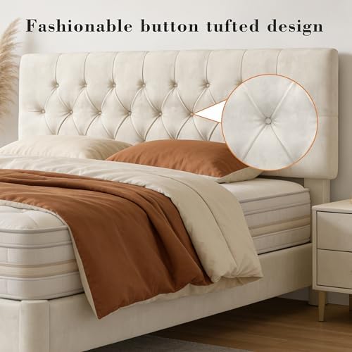 Full Size Bed Frame with Headboard, Luxury Velvet Fabric Upholstered Bed frame with Button Tufted Design, Strong Wooden Slats Support - Low & Sturdy, Noise-Free, No Box Spring, Easy Assembly, Beige