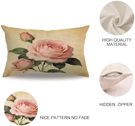 Decorative Romantic Rose Flower Pillow Cover Vintage Shabby Chic Peach Pink Rose Floral Rectangular/Waist Cushion Cover Cotton Linen Pillowcase for Sofa Bedroom Car 12x20 Inch Set of 2 (12”×20”)